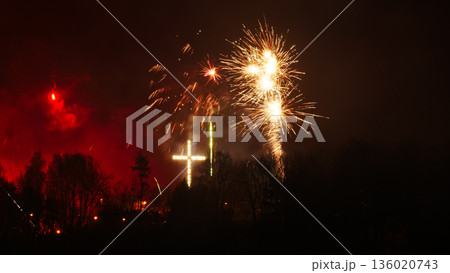Colorful fireworks at holiday night 136020743