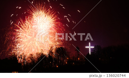 Colorful fireworks at holiday night 136020744