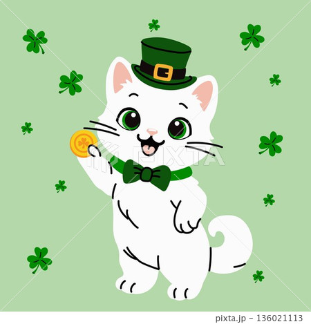 Adorable White Cat with Green Bowtie and Shamrock Holding Gold Coin 136021113