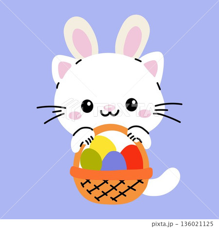 Cute White Kitten with Bunny Ears Holding a Basket of Colorful Easter Eggs 136021125