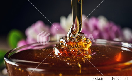 ガラス容器に注がれる黄金色の蜂蜜 ガラス容器に注がれる黄金色の蜂蜜 136021131