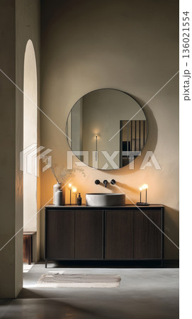 Modern bathroom interior with minimalist design and warm lighting 136021554