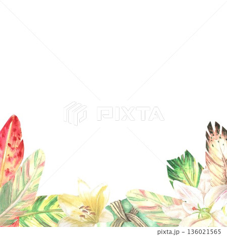 A hand-painted square frame of red, yellow, and green feathers with scarlet and white lilies on an isolated background. Simple boho-inspired frame clip art for design, cards, and invitations A hand-painted square frame of red, yellow, and green feathers with scarlet and white lilies on an isolated background. Simple boho-inspired frame clip art for design, cards, and invitations 136021565