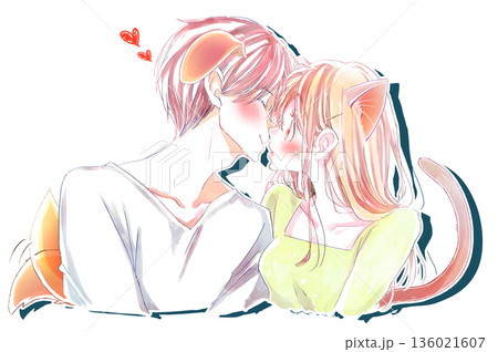 キスをしようとする犬っぽい男性に驚き照れて焦る猫っぽい女性 136021607