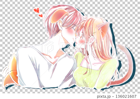 キスをしようとする犬っぽい男性に驚き照れて焦る猫っぽい女性 136021607