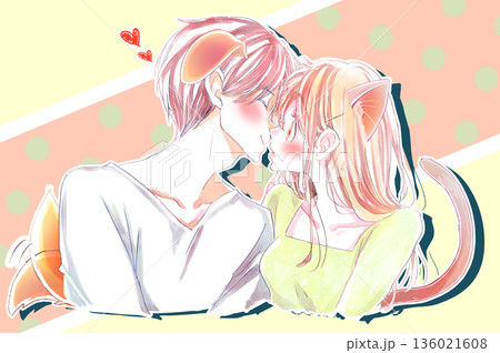 キスをしようとする犬っぽい男性に驚き照れて焦る猫っぽい女性 キスをしようとする犬っぽい男性に驚き照れて焦る猫っぽい女性 136021608