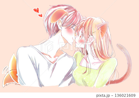 キスをしようとする犬っぽい男性に驚き照れて焦る猫っぽい女性 136021609