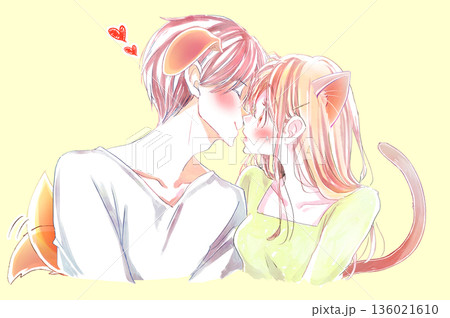 キスをしようとする犬っぽい男性に驚き照れて焦る猫っぽい女性 136021610