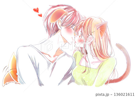 キスをしようとする犬っぽい男性に驚き照れて焦る猫っぽい女性 136021611