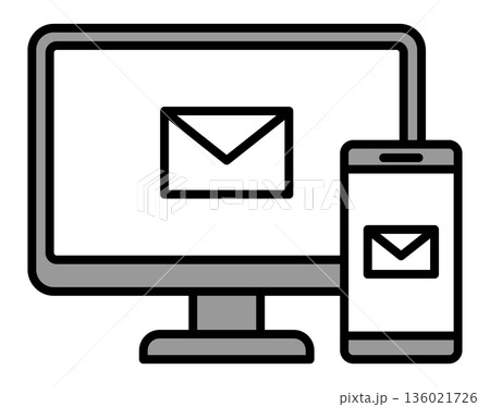 パソコンとスマートフォンにメールアイコンが表示されたイラスト｜連絡・通知・メールの概念 136021726
