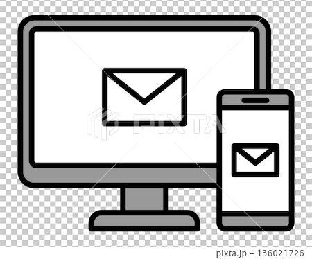 パソコンとスマートフォンにメールアイコンが表示されたイラスト｜連絡・通知・メールの概念 136021726