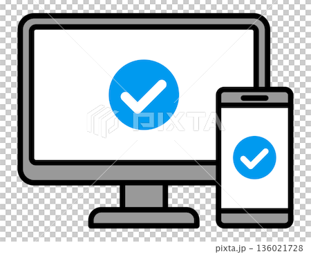 Illustration of a check mark displayed on a computer and smartphone screen | Concept of completion, confirmation, and success 136021728