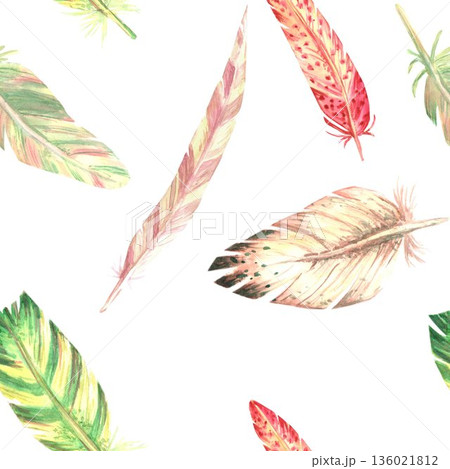 A seamless pattern with red, green, and beige variegated feathers, hand-painted in watercolor on an isolated background. Simple clip art for designing cards, fabrics, invitations, and interior decor 136021812