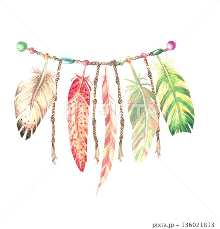 A hand-painted watercolor pendant with feathers and beads on a rope on an isolated background. Simple boho-style clipart of green, pink, and white elements for interior design or clothing 136021813