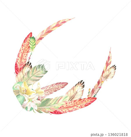 Boho style hand-painted watercolor composition of white lily flowers, green, red and beige feathers and braided stones on an isolated white background for interior design, postcards, posters Boho style hand-painted watercolor composition of white lily flowers, green, red and beige feathers and braided stones on an isolated white background for interior design, postcards, posters 136021818