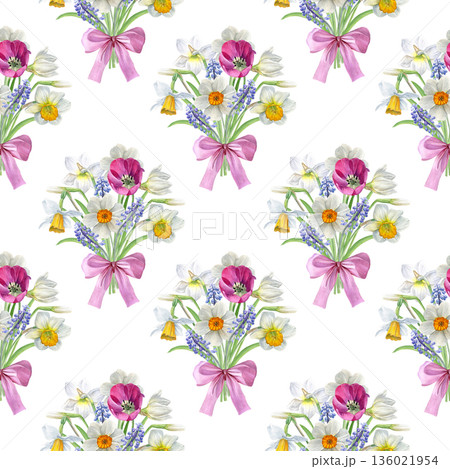 Watercolor seamless pattern of spring flower bouquets with daffodils, muscari and a pink tulip, tied with bows. Ideal for textiles, wrapping paper, stationery, wallpaper, packaging 136021954