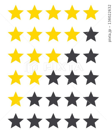Star Rating Scale Illustration with Yellow and Gray Stars Customer Review Feedback System Five Level Rating Icons for Web App UI Design Satisfaction Evaluation Concept 136022632