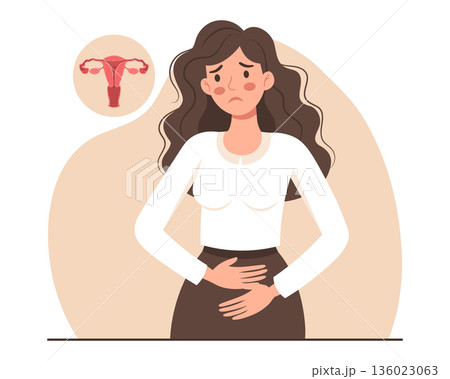 Sad woman with menstrual pain and uterine health issues. Healthcare and medicine illustration. 136023063