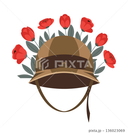 Military Helmet with Red Poppies. Remembrance Day illustration. Military Helmet with Red Poppies. Remembrance Day illustration. 136023069