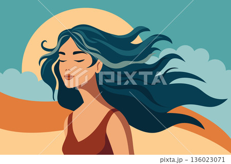Beautiful woman with flying hair on landscape background. Mental health illustration. Beautiful woman with flying hair on landscape background. Mental health illustration. 136023071