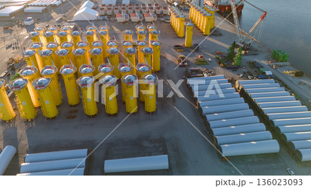 Aerial view of wind turbine components storage at logistics hub Aerial view of wind turbine components storage at logistics hub 136023093
