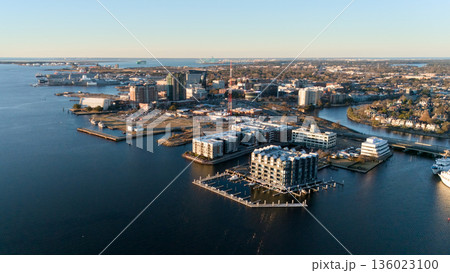 Wide aerial view of Norfolk Virginia waterfront and coastal city 136023100