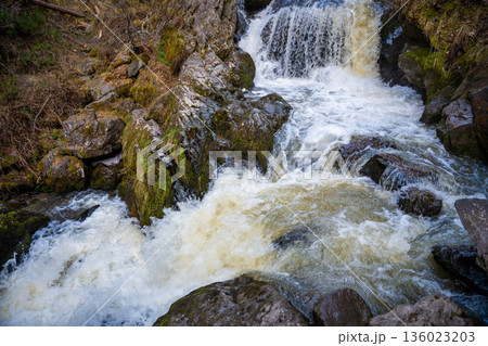 Tretya Rechka or The third river waterfall near Artybash town. Majestic cascade in pristine Altai nature Russia Tretya Rechka or The third river waterfall near Artybash town. Majestic cascade in pristine Altai nature Russia 136023203