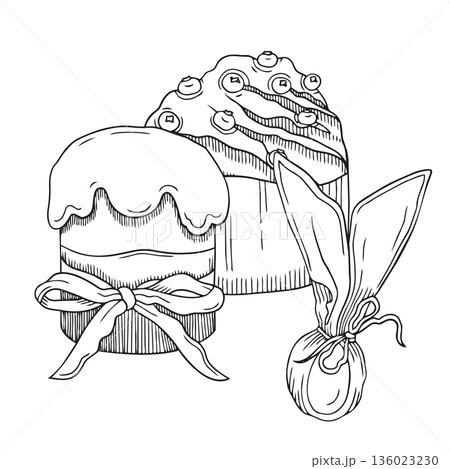 Hand-drawn illustration of Easter cakes with a bow and berries and dyed Easter egg in graphic detailed sketch style Hand-drawn illustration of Easter cakes with a bow and berries and dyed Easter egg in graphic detailed sketch style 136023230