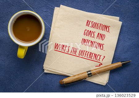 Resolution, goals and intentions. WHat the difference? Goal setting concept. Note on a napkin with coffee. Resolution, goals and intentions. WHat the difference? Goal setting concept. Note on a napkin with coffee. 136023529