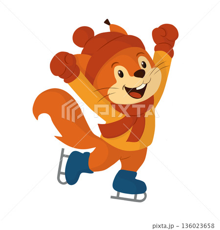 Joyful squirrel jumping on ice with raised paws. Flat vector illustration. This dynamic winter animal character suits children sports themes, festive visuals, active learning materials, skating 136023658