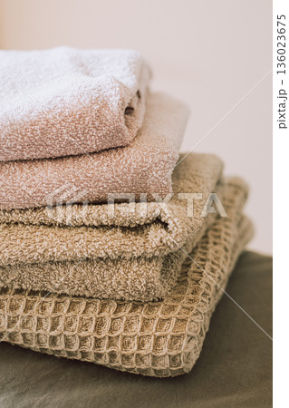 Close-up view of pink and beige towels. Spa relax concept. 136023675