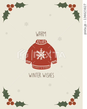 Holiday greeting card with warm winter wishes sweater 136023827