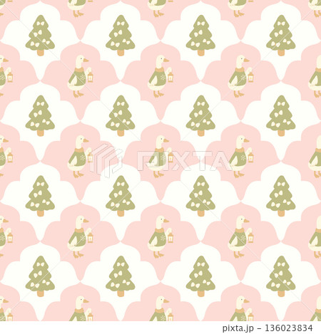 Geese in sweaters and christmas trees coquette seamless pattern 136023834