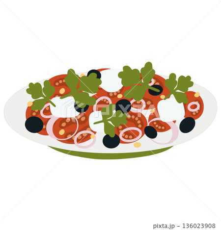 Italian tomato salad with mozzarella, olives, and onion rings 136023908