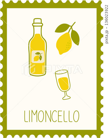 Limoncello bottle with lemon and filled glass illustration Limoncello bottle with lemon and filled glass illustration 136023922