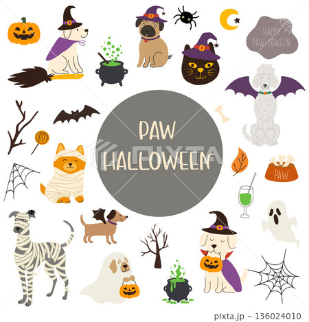 Adorable pets celebrating paw lloween, dogs, cats, and halloween elements Adorable pets celebrating paw lloween, dogs, cats, and halloween elements 136024010