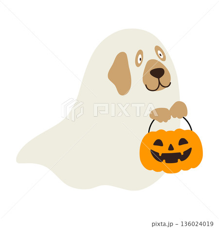 Ghost dog holding pumpkin basket for trick or treat, halloween illustration Ghost dog holding pumpkin basket for trick or treat, halloween illustration 136024019