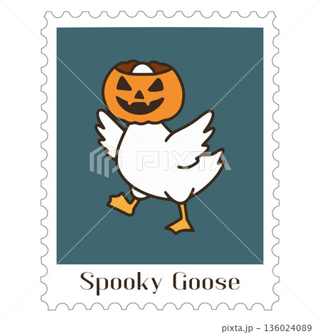 Spooky goose wearing pumpkin head for halloween celebration Spooky goose wearing pumpkin head for halloween celebration 136024089