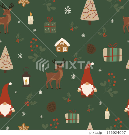 Christmas seamless pattern with gnomes, deer, and holiday elements Christmas seamless pattern with gnomes, deer, and holiday elements 136024097