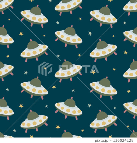 Spaceships flying in space seamless pattern with stars background 136024129