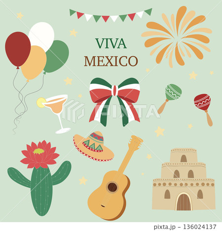 Celebrating mexico's independence day with festive icons, sombrero, maracas, guitar, cactus, and fireworks 136024137