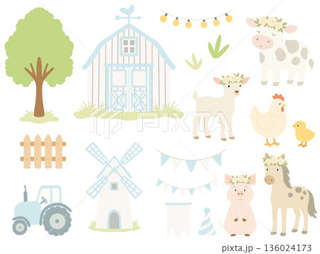 Farm animals and countryside elements celebrating a birthday party 136024173