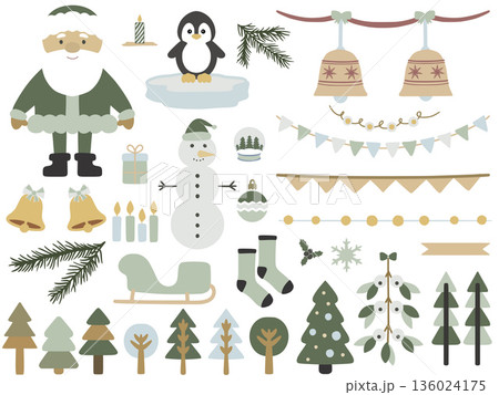 Christmas vector set in scandinavian style featuring santa claus, penguin, and festive elements 136024175
