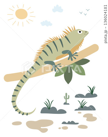 Iguana resting on branch in sunny desert landscape illustration Iguana resting on branch in sunny desert landscape illustration 136024181