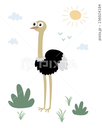 Cute ostrich enjoying sunny day in cartoon style 136024184