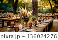 Enchanting Rustic Outdoor Wedding Reception with Twinkling Lights and Natural Ambiance 136024276