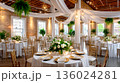 Elegant Ballroom Wedding Reception with Romantic Draping and Lush Greenery 136024281