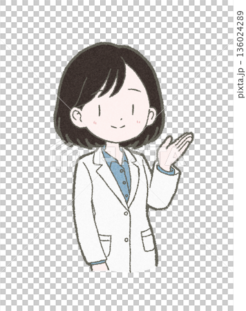 Hand-drawn illustration of a female medical professional in a white coat giving instructions 136024289