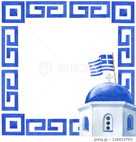 A square frame with a traditional Greek ornament and a temple with a blue dome and a striped flag. Watercolor illustration with national elements in white and blue on an isolated background. A 136024765