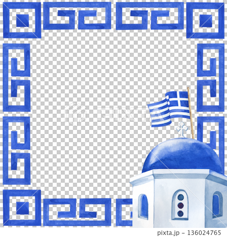 A square frame with a traditional Greek ornament and a temple with a blue dome and a striped flag. Watercolor illustration with national elements in white and blue on an isolated background. A 136024765